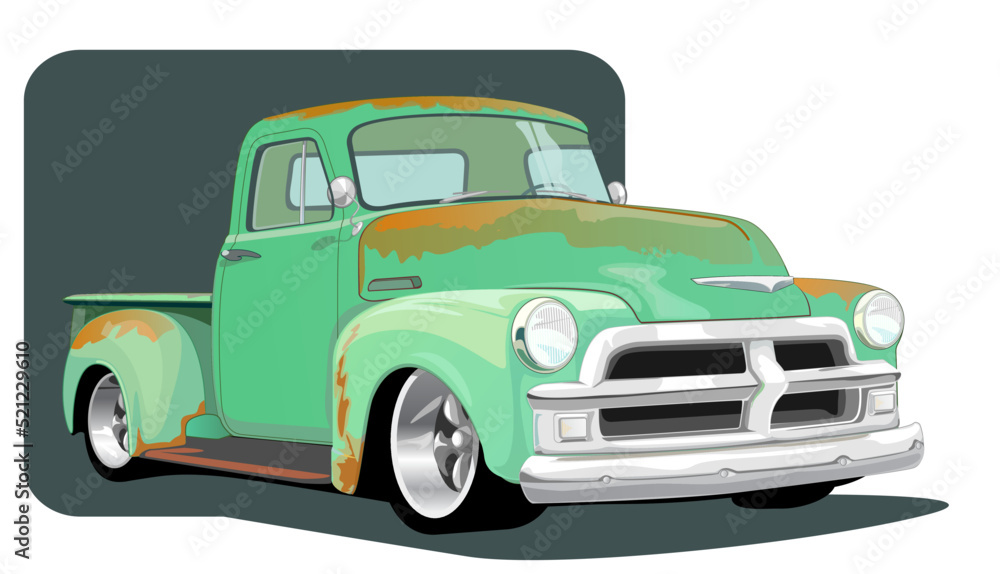 Green, rusty classic American pickup truck from the 1950s isolated on