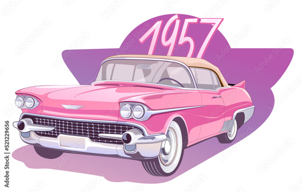 Vintage car in retro style in pink, American convertible from the 1950s, 1957, vector illustration.