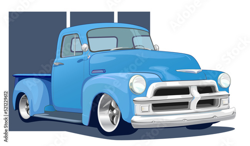 Blue classic American pickup truck from the 1950s isolated on white, vector illustration.