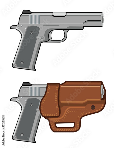 Pistol and pistol in holster, classic gun, vector illustration