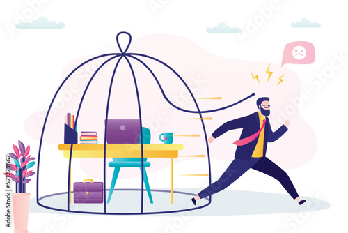 Worker man broke cage and runs away from workplace. Corporate slavery, burnout. Emotional stress from hard work. Unhappy businessman needs a break from work.