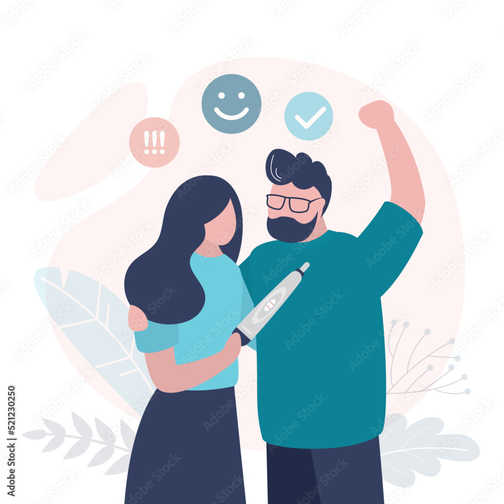 Obraz premium Couple rejoices at positive pregnancy test. Cute woman became pregnant. Parents waiting for birth of child
