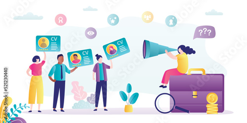 Female manager uses spyglass for choosing best candidate for job. Various job seekers with resume. Applicants with curriculum vitae. Recruitment process, concept. HR agency.