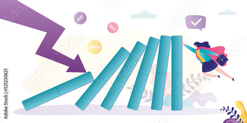 Domino effect. Falling chart hits dominoes. Investment loss. Risk management. Female investor looking like superhero is trying to keep profit under control. Business insurance.
