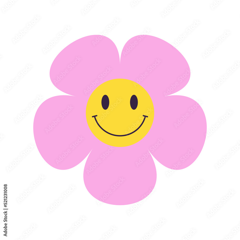 Colorful groovy flower with smiling face. 70s, 80s, 90s vibes sticker. Abstract daisy emoji illustration. Vintage nostalgia element for design and print