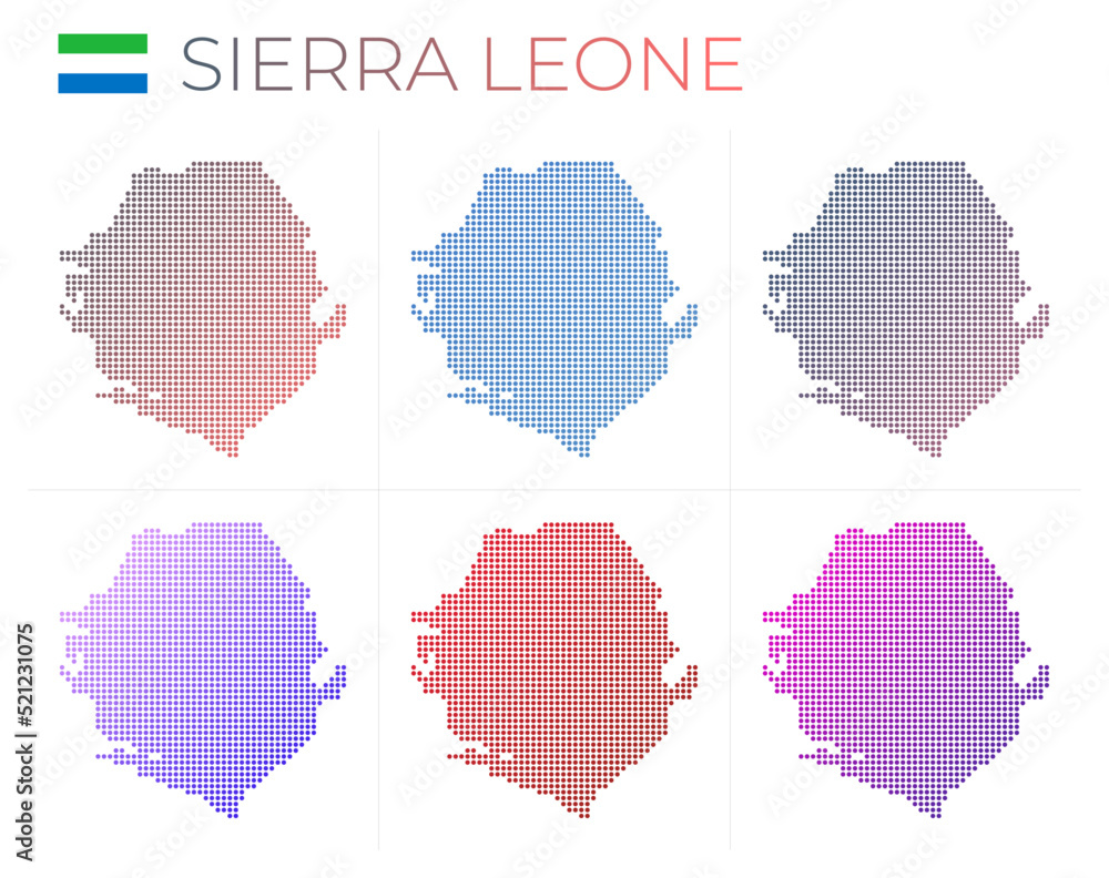 Sierra Leone dotted map set. Map of Sierra Leone in dotted style. Borders of the country filled with beautiful smooth gradient circles. Creative vector illustration.