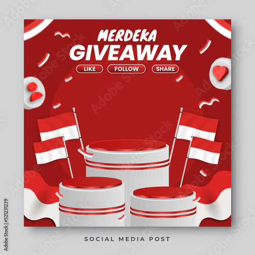 Giveaway social media banner with podium display for Indonesia independence day