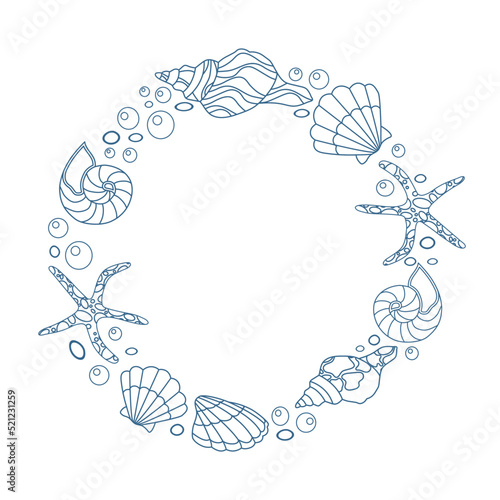 Background from sea shells. Marine elements shells, stars and corals in a circle shape frame.