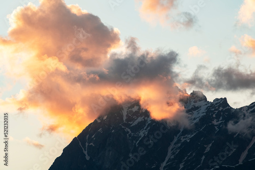 Fantastic bright orange sunset in the Ushba mountains, Svaneti Georgia. Ushba mountain. 