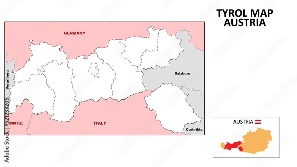 Tyrol Map. State and district map of Tyrol. Political map of Tyrol with outline and black and white design.