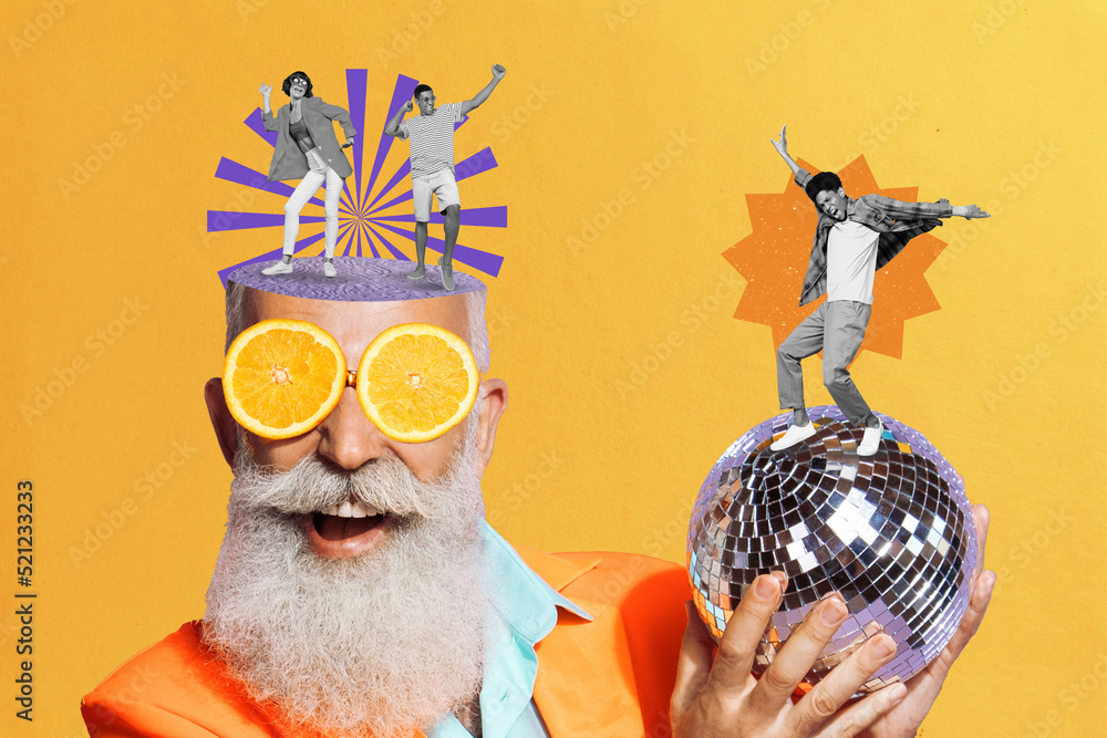 Photo cartoon comics sketch picture of funny funky guy citrus eyewear half head dancing hall isolated drawing background - obrazy, fototapety, plakaty 