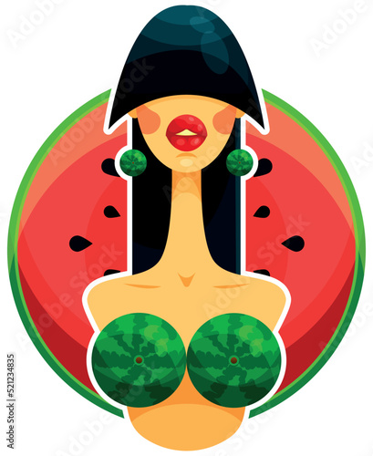 Colored stickers. Girl with watermelons.