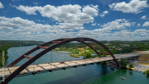Aerial drone shot of the Pennybacker 360 bridge in in Austin, Texas, USA photo