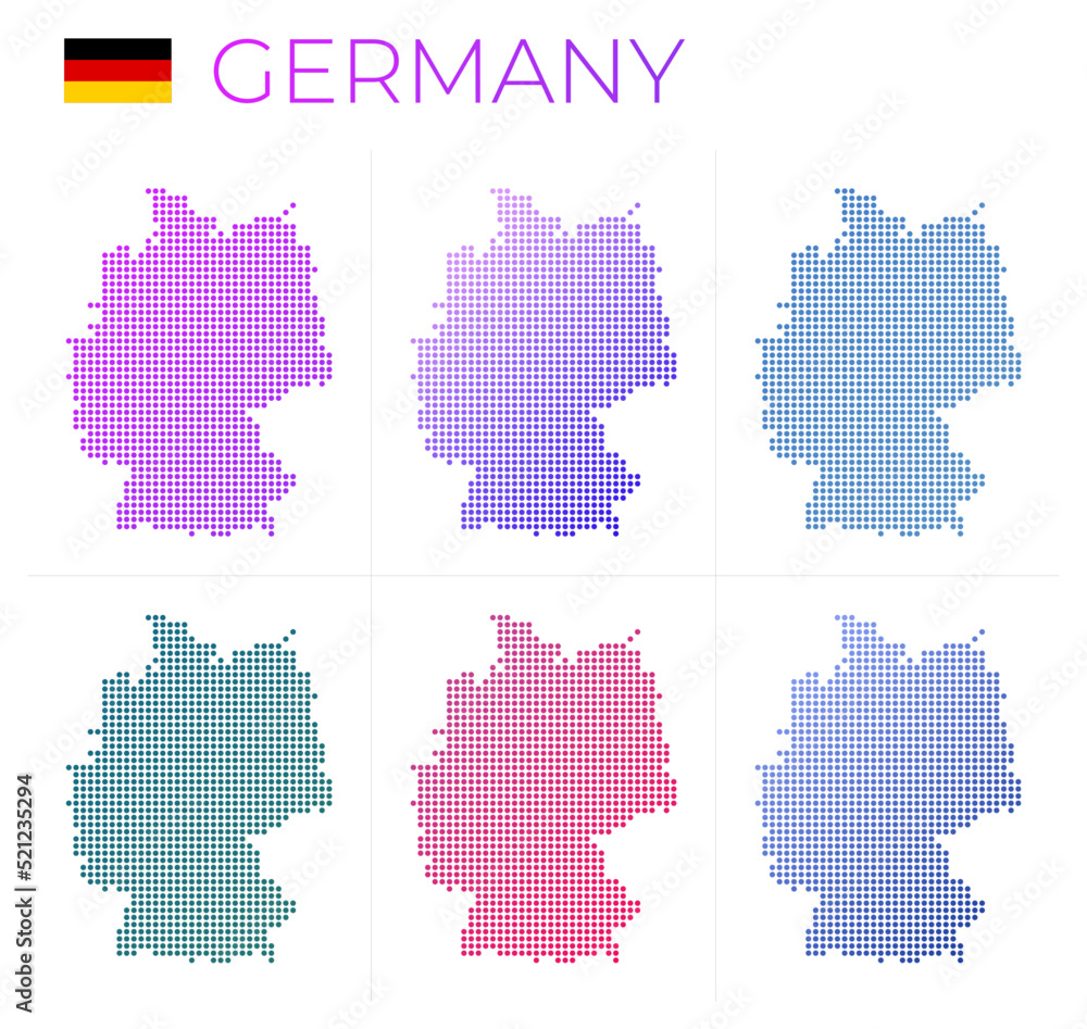 Germany dotted map set. Map of Germany in dotted style. Borders of the country filled with beautiful smooth gradient circles. Modern vector illustration.