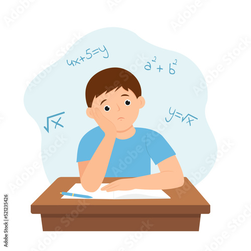 Boy doing homework  and feel confused. Child at his desk solving a math problem. Vector illustration