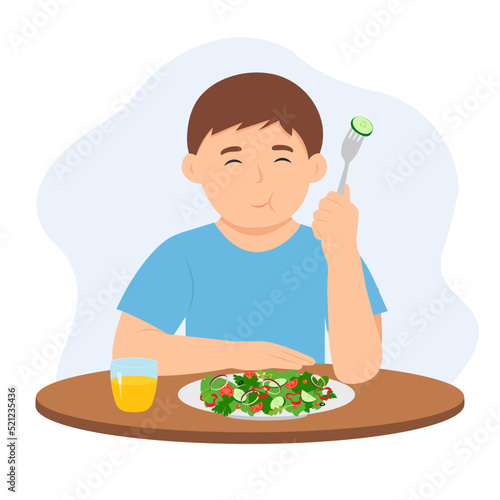 Cute little kid eating  salad using fork.  Boy eating vegetables. Children and healthy food. Vector illustration in flat  style.