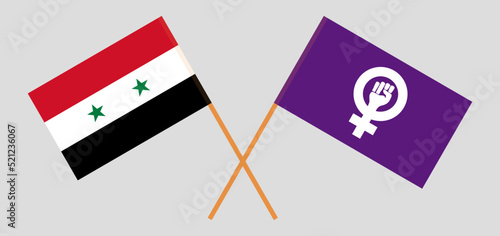 Crossed flags of Syria and Feminism. Official colors. Correct proportion