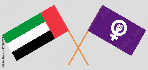 Crossed flags of the United Arab Emirates and Feminism. Official colors. Correct proportion