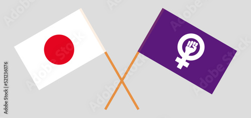 Crossed flags of Japan and Feminism. Official colors. Correct proportion