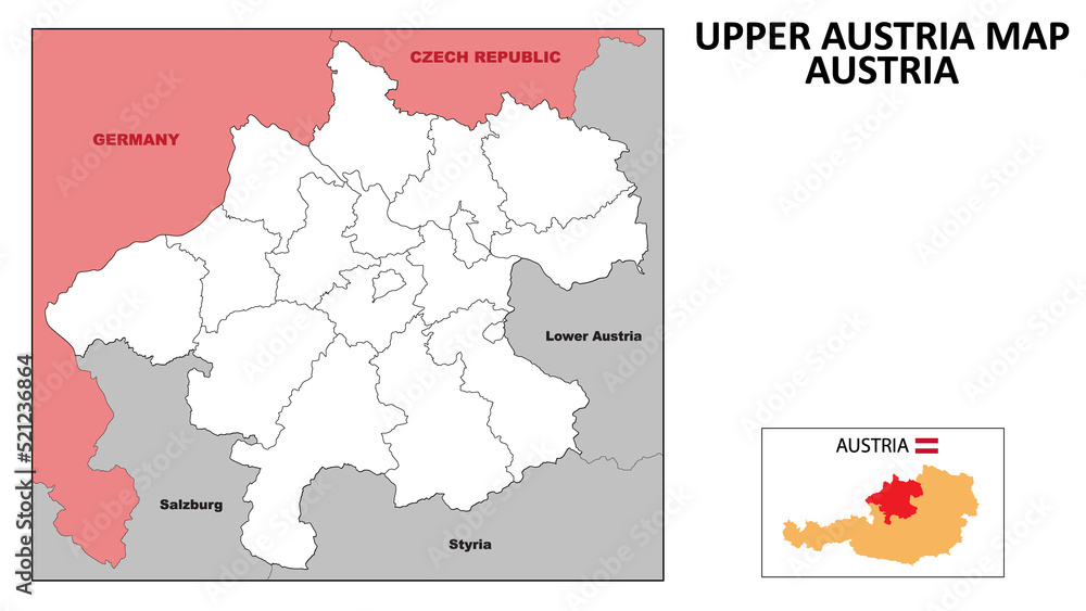 Naklejka premium Upper Austria Map. State and district map of Upper Austria. Political map of Upper Austria with outline and black and white design.