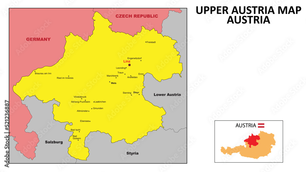 Upper Austria Map. State and district map of Upper Austria. Political map of Upper Austria with the major district