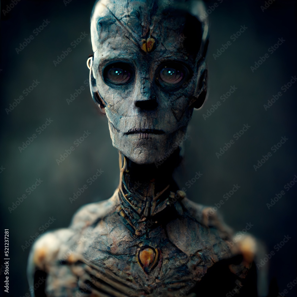 Alien creature creepy Portrait 3D illustration with dramatic lighting in a front position reflecting the cultural heritage of another world Alien creature creepy Portrait 3D illustration with dramatic lighting in a front position reflecting the cultural heritage of another world