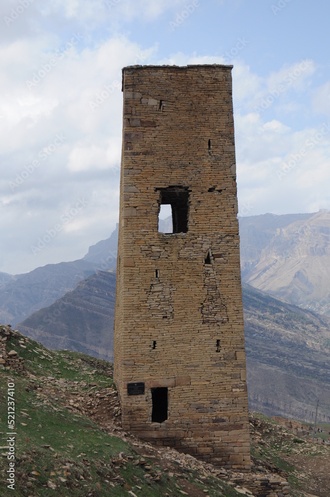 Ancient watchtower in mountain village Goor, Dagestan, North Caucasus Ancient watchtower in mountain village Goor, Dagestan, North Caucasus