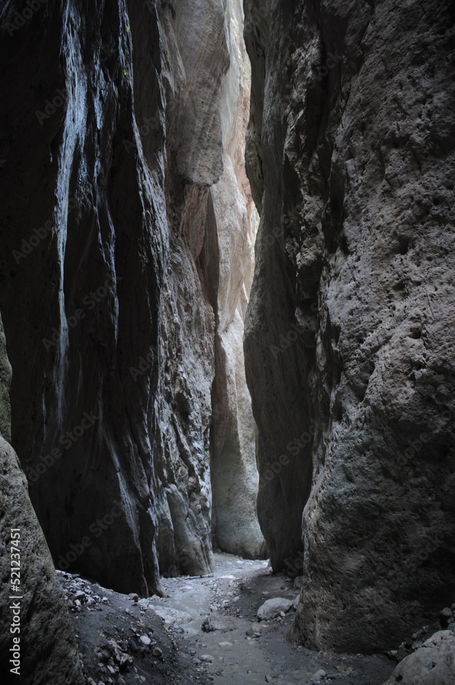View of Karadakh gorge in mountains of Dagestan, Russia, Width of gorge is about 2-4 meters, and maximum height in some places reaches 170 meters View of Karadakh gorge in mountains of Dagestan, Russia, Width of gorge is about 2-4 meters, and maximum height in some places reaches 170 meters