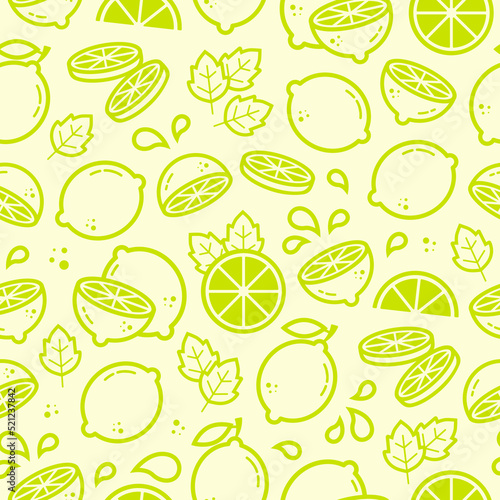 Mojito cocktail citrus for surface design package, banner, template, kitchen, fabric and textile design. Lime, lemon, mint, splash vector seamless pattern in outline style