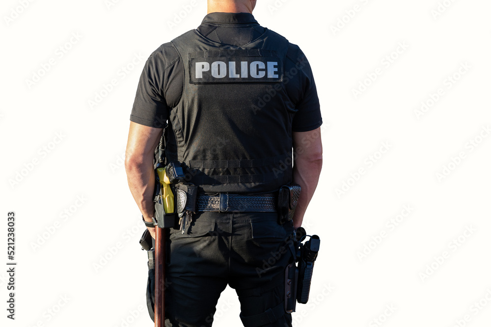 Police officer on duty in uniform with gun and taser - back of officer on isolated on white background Police officer on duty in uniform with gun and taser - back of officer on isolated on white background