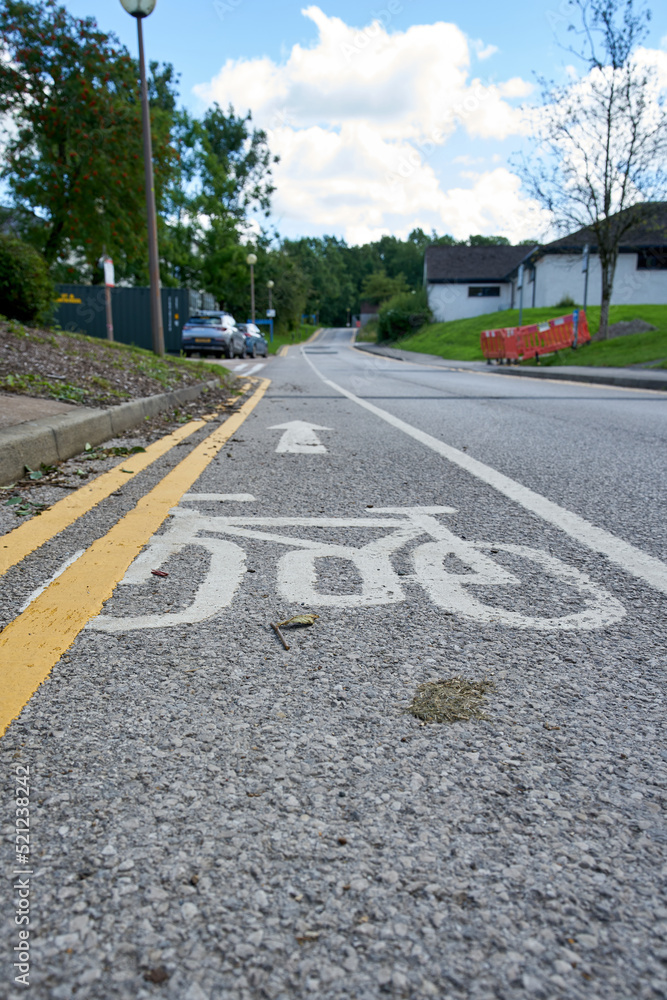 Obraz premium A cycle lane painted over by double yellow lines in a residential area