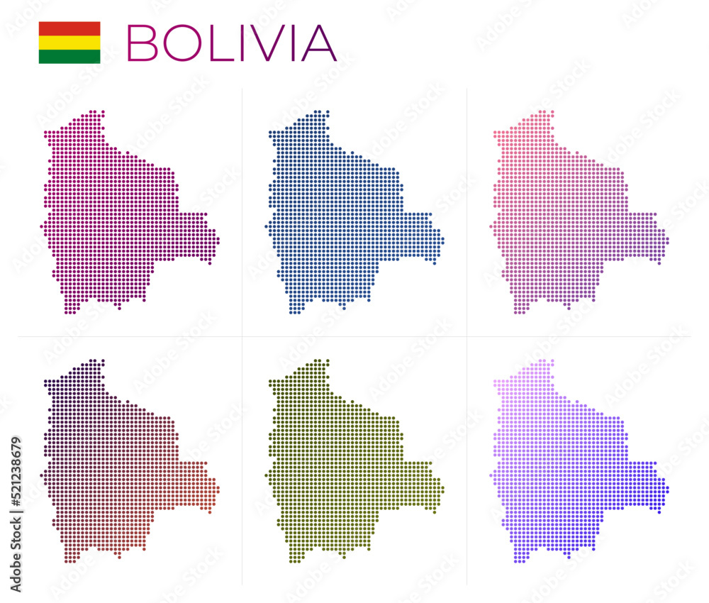 Bolivia dotted map set. Map of Bolivia in dotted style. Borders of the country filled with beautiful smooth gradient circles. Trendy vector illustration.
