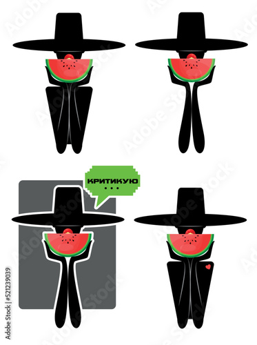 Stickers. Watermelon. Colored stickers. Watermelon. Girl with a watermelon in a hat with large brim. Meme.