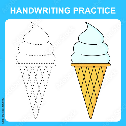 Handwriting practice. Trace the lines and color the ice cream. Educational kids game, coloring book sheet, printable worksheet. Vector illustration