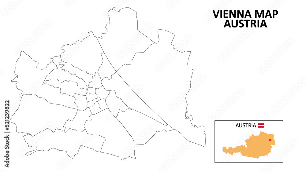 Vienna Map. State and district map of Vienna. Political map of Vienna with outline and black and white design.