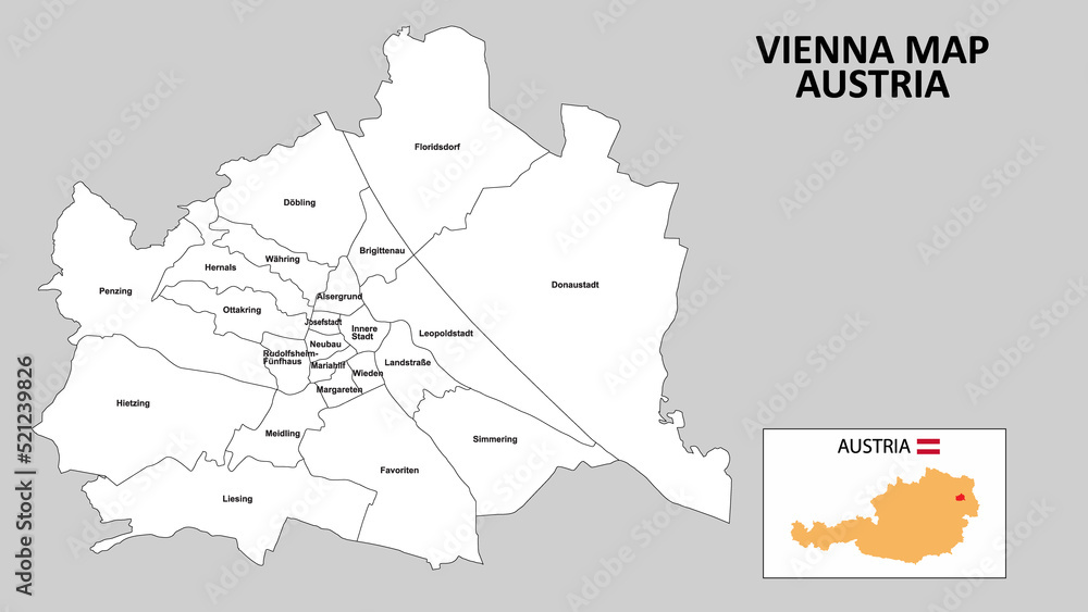 Vienna Map. State and district map of Vienna. Administrative map of Vienna with district and capital in white color.