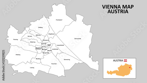 Vienna Map. State and district map of Vienna. Administrative map of Vienna with district and capital in white color.