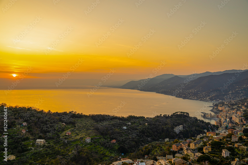 Aerial view of Camogli, Genoa province, at sunset, Italy