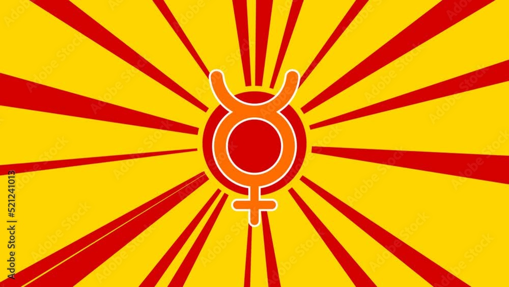 Astrological mercury symbol on the background of animation from moving rays of the sun. Large orange symbol increases slightly. Seamless looped 4k animation on yellow background Astrological mercury symbol on the background of animation from moving rays of the sun. Large orange symbol increases slightly. Seamless looped 4k animation on yellow background