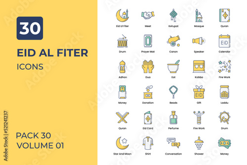 Eid ul Fitter icons collection. Set contains such Icons as meeting, prayer mat, calendar, and more