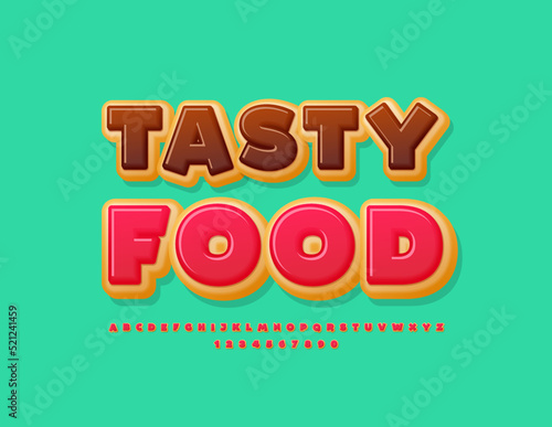 Vector creative Emblem Tasty Food. Donut style Font. Pink glazed Cake Alphabet Letters and Numbers set