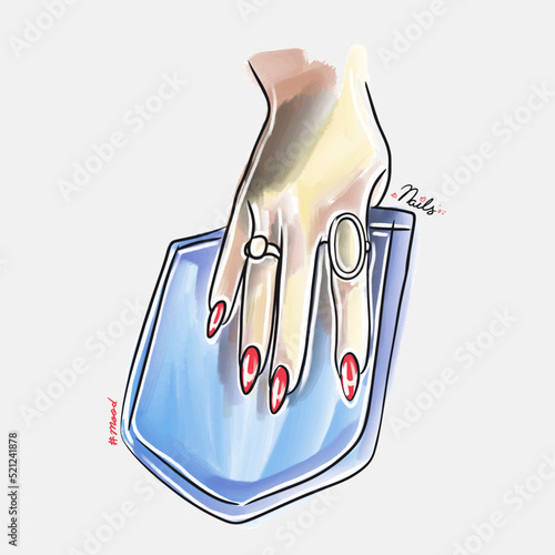Womans hand with long nails in a jeans pocket, trendy nail design, fashion