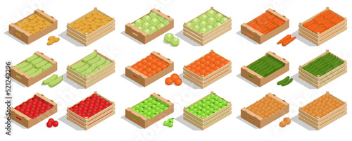 Fresh vegetable and fruits. Isometric fruits and vegetables in wooden boxes isolated on white
