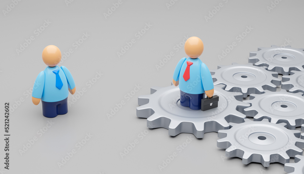 Gear as a symbol of a business system. Businessman on a gear and an employee. 3d render Gear as a symbol of a business system. Businessman on a gear and an employee. 3d render