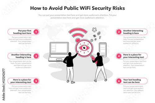 Simple infographic template for how to avoid public wifi security risks. 6 stages template with a laptop, a cell phone and two hackers as a main symbol.