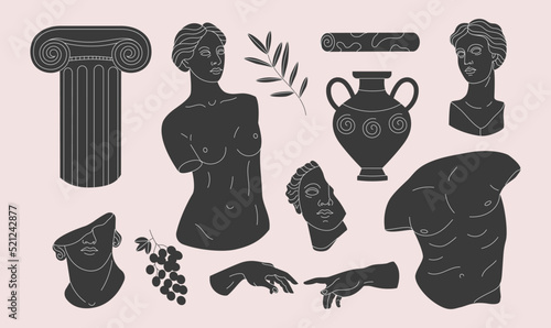 Set of antique greek sculptures in hand drawn style. Vector illustration.