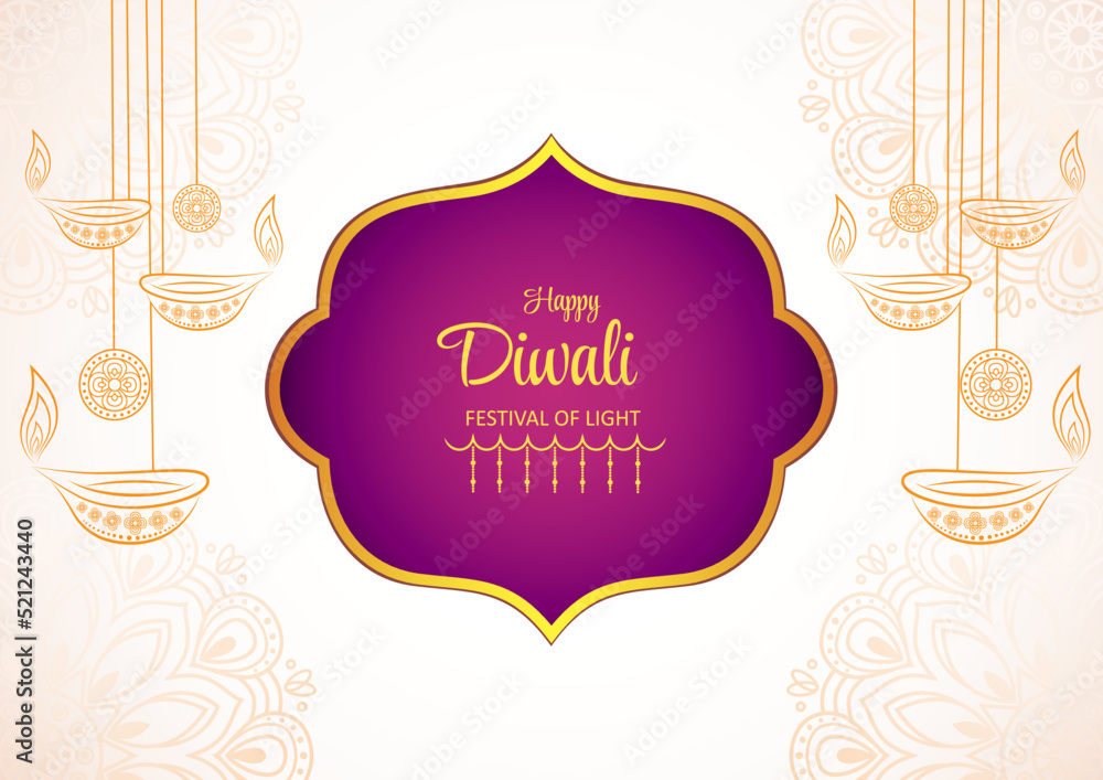 Happy diwali  background with illuminated oil lamps and floral mandala
