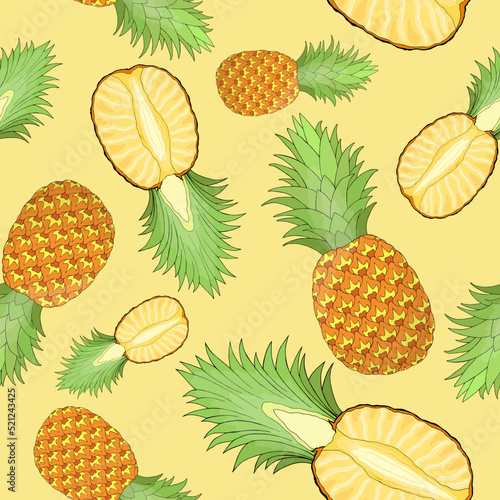 Whole and cut pineapple random repeat seamless pattern. Tropical fruit endless texture. Irregular boundless background. Bright summer surface design. Editable tile for apparel, interior, flyer, cloth