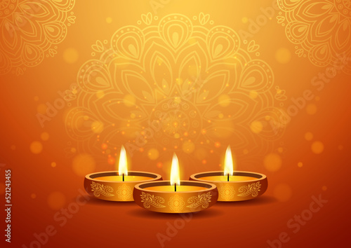 Happy diwali festival with illustration of realistic illuminated oil lamps and floral mandala