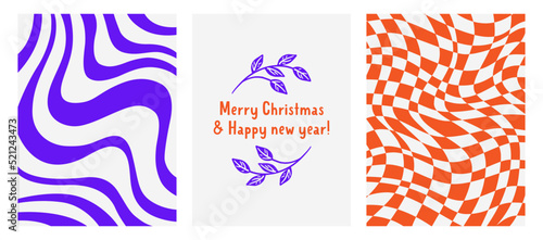 A postcard with the inscription Merry Christmas and Happy New Year, distorted checkered background and abstract wavy print. Simple vector illustration. Design of a invitations, postcard,print,poster